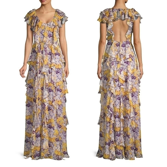 New Flor et. al Valles Floral Silk Chiffon Ruffle Lilac Gown Resort '20 4 US NWT - Picture 10 of 17